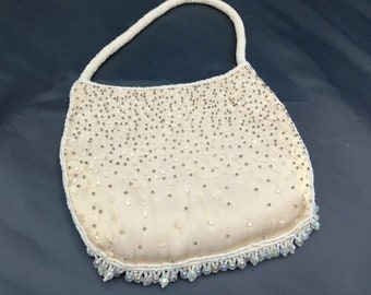 Ivory Vintage Beaded and Crystal  Embellished Evening Purse -  Hand Beaded Bag by Vanessa - Unique Evening Clutch Purse with Beaded Handle