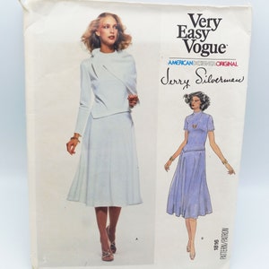 May include: A sewing pattern for a skirt and top set. The pattern is from Very Easy Vogue, an American Designer Original by Jerry Silverman. The pattern number is 1816. The model is wearing a white skirt and top set and a blue skirt and top set.