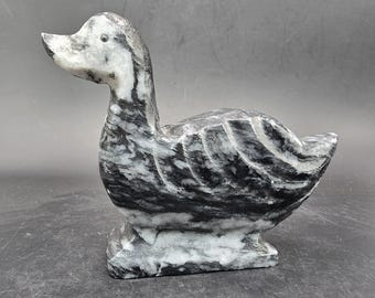 Hand Carved Banded Onyx Duck Sculpture: Vintage Gray Stone Animal Figurine