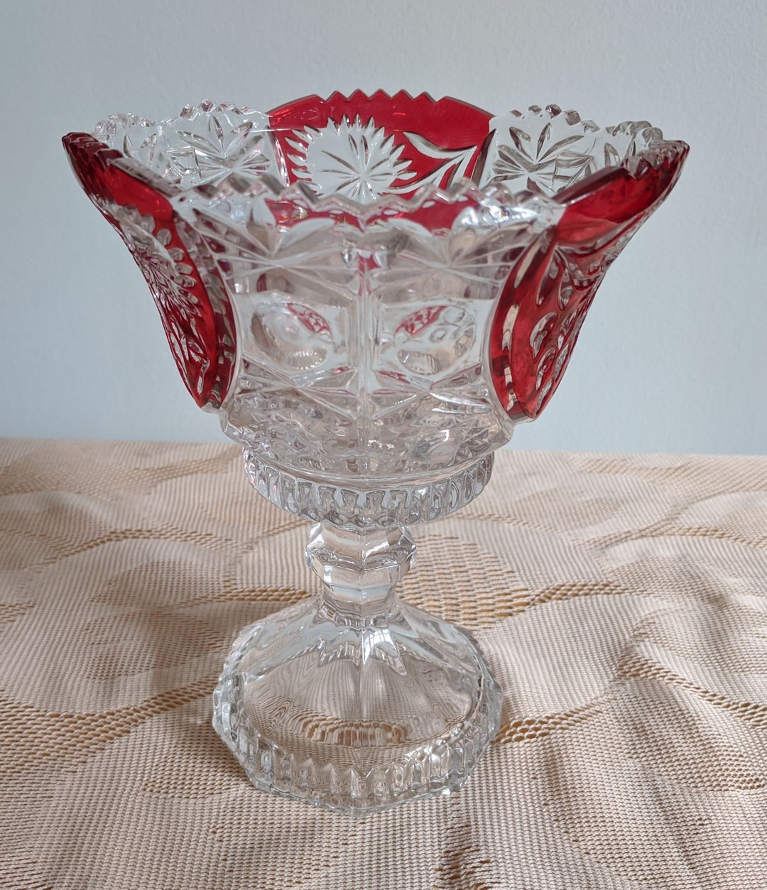 Ruby Red and Clear Glass Candy Dish, Compote Dish on Octagon Pedestal ...