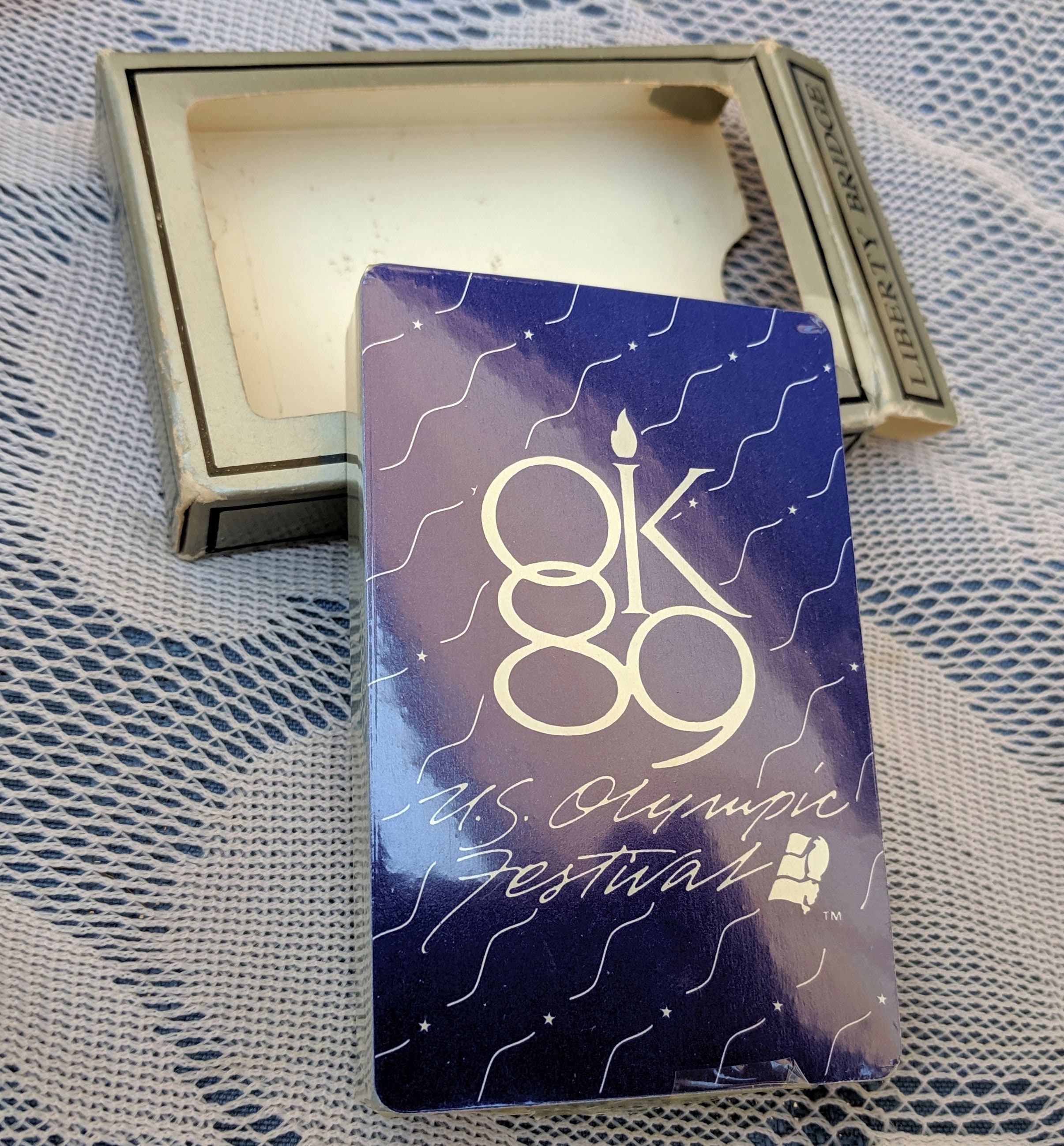 US Olympic Festival 1989 Playing Cards NIB-  Liberty Bridge Cards, Sealed in Original Box - 1989 Oklahoma City Playing Cards Made in USA