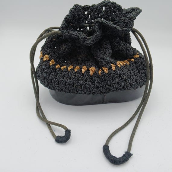 Crocheted Black Bucket Bag with Drawstring Closur… - image 2