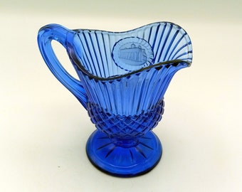 Vintage Fostoria Cobalt Blue Bicentennial Pitcher/Creamer Made for Avon, 1976 Commemorative Blue Glassware with Cameo of Mount Vernon