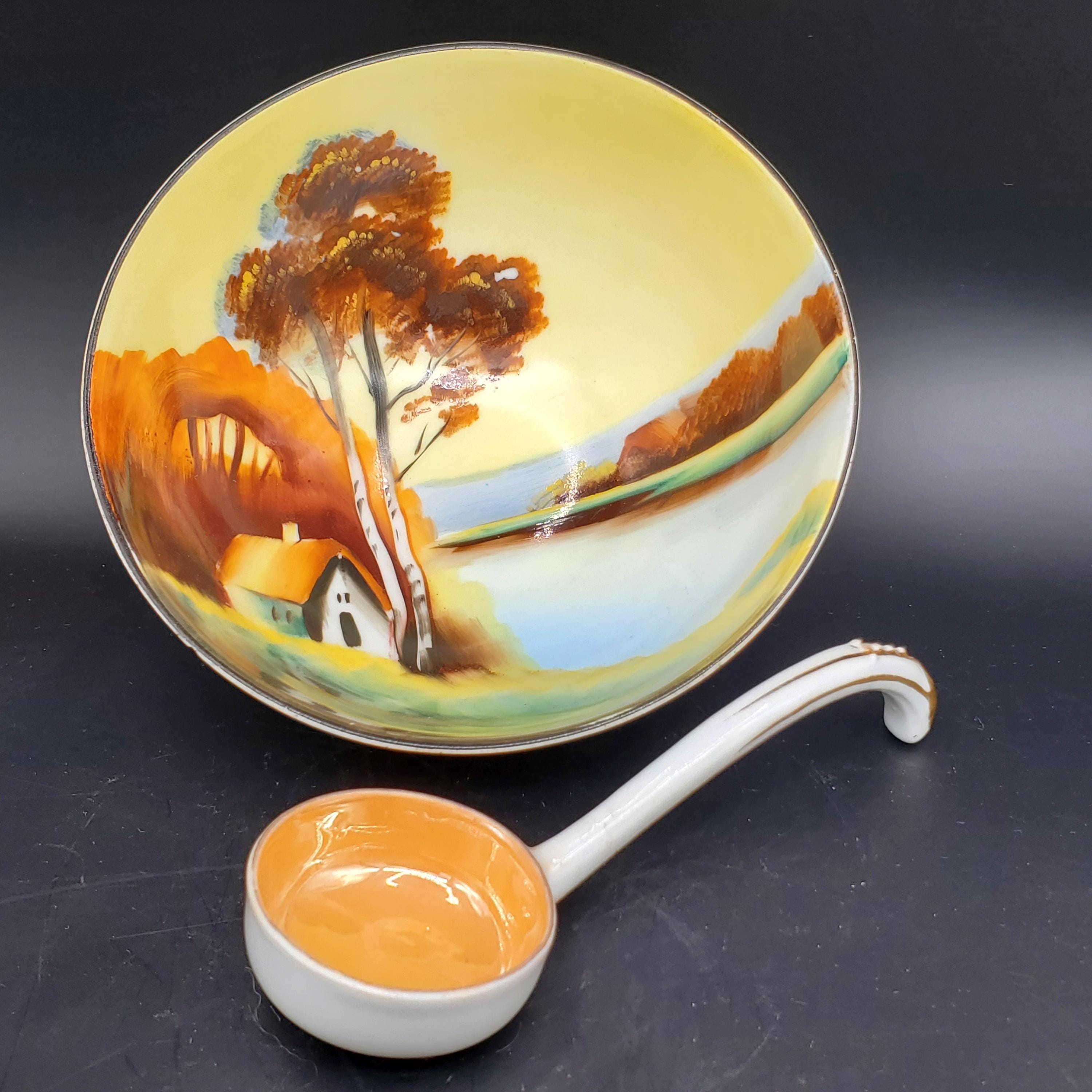 Antique Morimura Hand-painted Porcelain Mayonnaise Bowl With Ladle