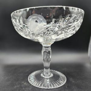 Vintage Large Rose Cut Crystal Compote, 7" Tall Glass Pedestal Compote Candy Dish, Stunning Cut Glass Compote, Rose Etched Cut Crystal Dish