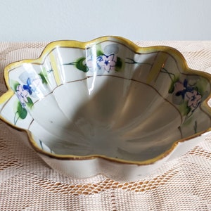 Antique China Three-Footed Bowl - JE-OH Hand Painted Nippon China -- Small Scalloped Edge Floral Painted Bowl, Candy or Nut Dish
