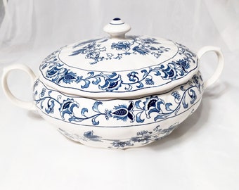Large Nikko Double Phoenix Ming Tree Round Covered Vegetable Tureen Handles - Blue Phoenix Round Soup Tureen - Blue and White Ironstone