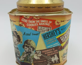 Vintage 1995 Hershey Commemorative Tin #3, Retro Chocolate Ads Advertising Tin, Small Gold Candy Canister, Trinket or Memento Storage Box