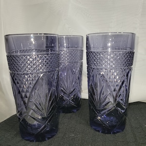 Cristal D&#39;Arques-Durand &quot;Antique Amethyst&quot; Pressed Glass Tumblers, Set of Three 12 oz Coolers, Heavy Purple Drinking Glasses, Gift For Her