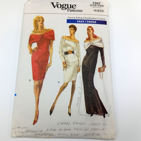 Easy Vogue Dress/Gown Pattern No 7357 Size 6-10, Long or Short Sleek Dress, Various Sleeve and Neck Options, Striking Holiday New Years Eve