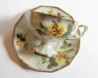 Tea Cup & Saucer Set Yellow Roses on Iridescent Japanese China - Opalescent Lusterware - Pedestal Cup, Ridged Saucer, Mid Century China