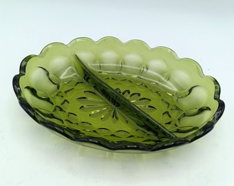 Divided Relish Dish Fairfield Avocado Green by Anchor Hocking, Clear Green Olive Pickle or Candy Dish, Condiment Serving Dish, 1970s Decor