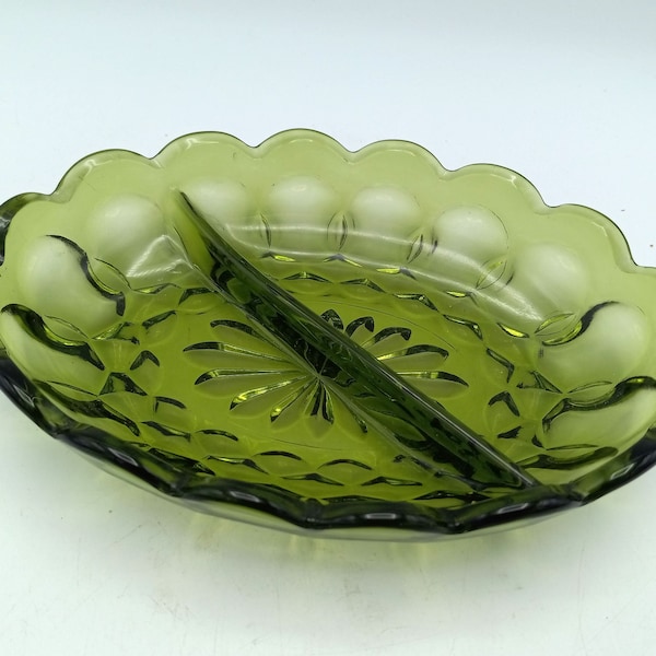 Divided Relish Dish Fairfield Avocado Green by Anchor Hocking, Clear Green Olive Pickle or Candy Dish, Condiment Serving Dish, 1970s Decor