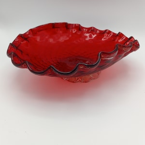 Vintage Ruby Red Murano Glass Bowl, Gold Accented Ruffled Edge