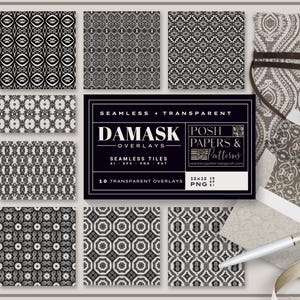 Transparente Damast-Überlagerungen PNG, nahtlose Muster-Vektorgrafik in AI, EPS, verzierte Brokat-Papiervorlagen für den kommerziellen Gebrauch, Vintage Blumenmuster