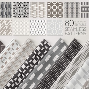 May include: A set of 80 black and white geometric seamless patterns. The patterns are in a variety of styles, including stripes, dots, and squares. The patterns are editable and can be used for a variety of purposes, such as creating backgrounds, patterns, and textures.