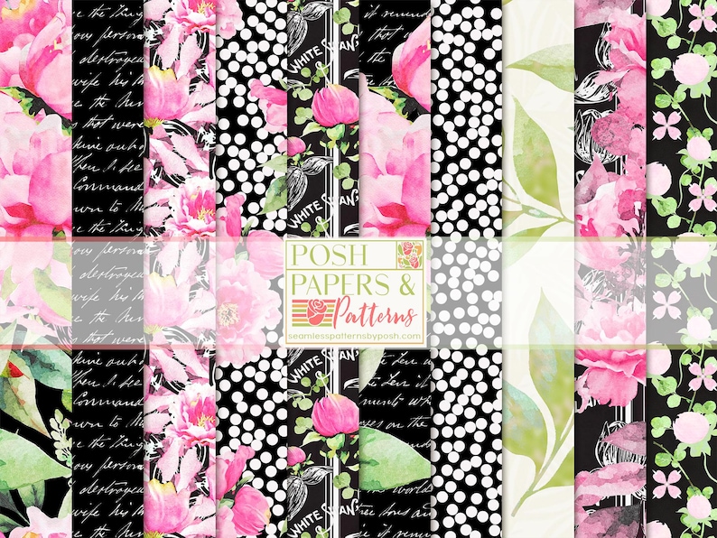 Psoh Paper Pink Floral Digital Paper: Watercolor Peonies, Black & White ...