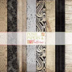 Pacote de papel damasco vintage preto, branco e bege, papéis digitais vintage para scrapbooking, diário de sucata, papéis antigos para impressão
