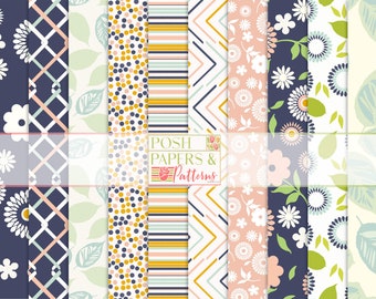 Botanical Floral Digital Paper Pack Patterned Papers With Stripes Polka Dots And Floral