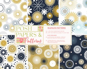 Seamless Floral Patterns With Navy Blue And Gold Hand Drawn Flowers, Seamless Vector Patterns For Commercial Use