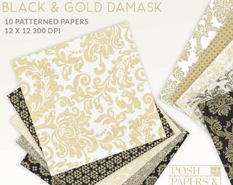 Papeles digitales de damasco negro y dorado, papel para álbumes de recortes con estilo glamuroso (descarga instantánea CU)