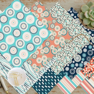 Patterned Paper Pack, Teal, Navy, Orange, Stripes, Polka Dots, Floral Digital Scrapbook Papers, Printable Patterned Backgrounds 12X12 CU
