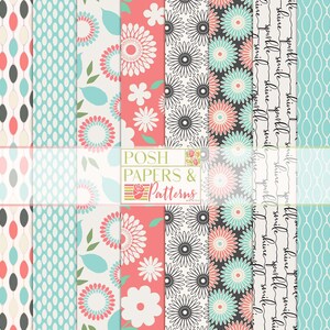 Vrouwelijk bloemmotief afdrukbaar plakboekpapier 12 x 12, levendige bloemen, zalm met geometrisch patroon, groenblauw, houtskoolgrijs Instant Download