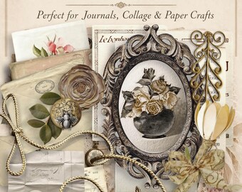 Vintage Ephemera Junk Journal Kit, Printable Papers and Digital Collage Bundle (Digital Download)