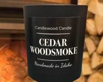 CEDAR WOODSMOKE - Crackling Wood Fire Natural Soy Wax Candle in Black Jar with Wood Lid