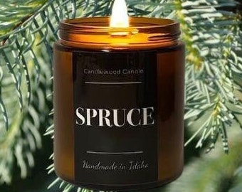 SPRUCE - Crackling Wood Fire Natural Soy Wax Candle in Amber Jar with Lid