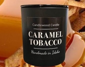CARAMEL TOBACCO - Crackling Wood Fire Natural Soy Wax Candle in Black Jar with Lid 10 oz