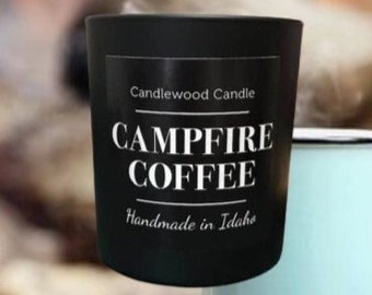 CAMPFIRE COFFEE - Crackling Wood Fire Natural Soy Wax Candle in Amber Jar with Black Lid