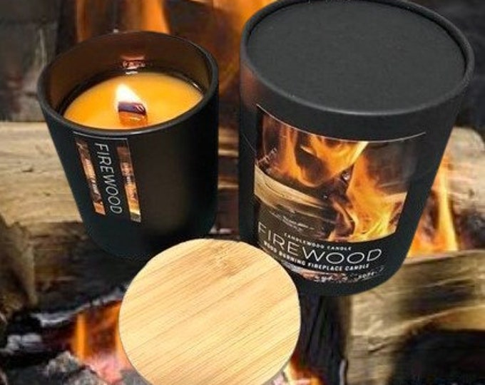 Featured listing image: FIREWOOD - No Fireplace in Your Home ? NEW Crackling Wood Burning Fireplace Soy Wax Candle in New Matte Black Jar in  Tube Packaging