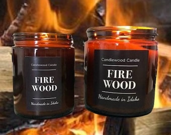 FIREWOOD - Crackling Wood Fireplace Soy Wax Candle in Amber Jar with Black Lid  - Best Seller Since 2012 !