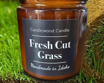 FRESH CUT GRASS - Crackling Wood Fire Soy Wax Candle in Amber Jar with Black Lid