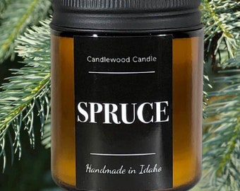 SPRUCE - Crackling Wood Fire Natural Soy Wax Candle in Amber Jar with Black Lid