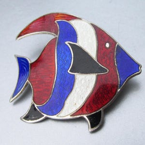 Signed BEAU Vintage Sterling Silver Red White Blue Enamel FISH Brooch Pin