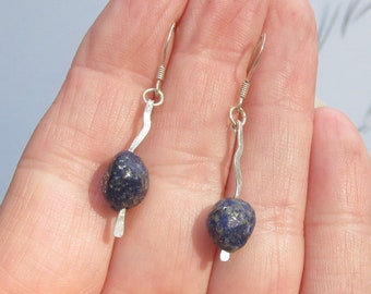 Sterling Silver Lapis Lazuli Nugget Dangle Pierced Earrings