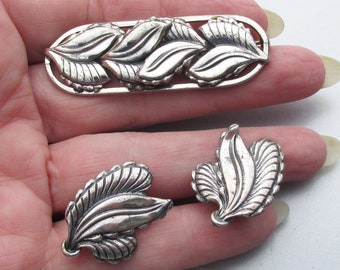 Signed DANECRAFT 1940s Vintage Sterling Silver LEAF Brooch Pin & Earrings Set