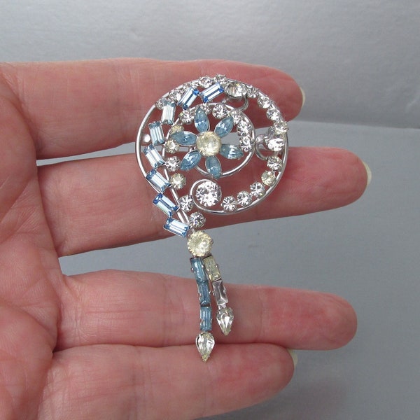 Signed CA Carl-Art Sterling Silver Blue Rhinestone Vintage Flower Pendant Brooch Pin