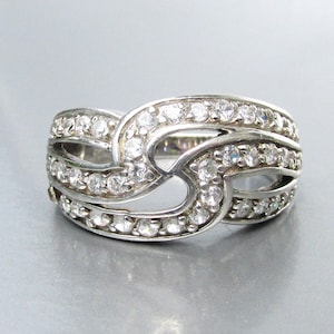 Vintage Sterling Silver 3 Row Bypass Cubic Zirconia Ring, Sz 7