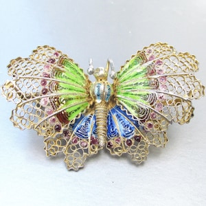 Vintage Plique a Jour Enamel Gold on Solid Silver Cannetille Butterfly Brooch Pin