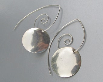 Sterling Silver Large Swirled Ear Wire Vintage 1980s Dangle Disk Earrings