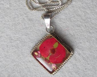 Vintage Sterling Silver Dried Flowers Pendant Necklace
