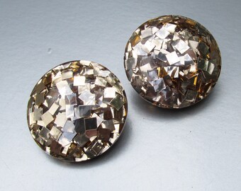 green gold and MOP glitter Lucite confetti rare style clip on earrings button covers Pink