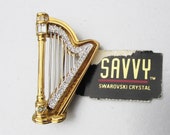 Swan Signed Vintage Savvy Swarovski Rhinestone HARP Pin, NEW With Tag