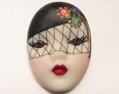 Signed Adagio Vintage Painted Rhinestone Veiled Flapper Face Pin, FREE Ship
