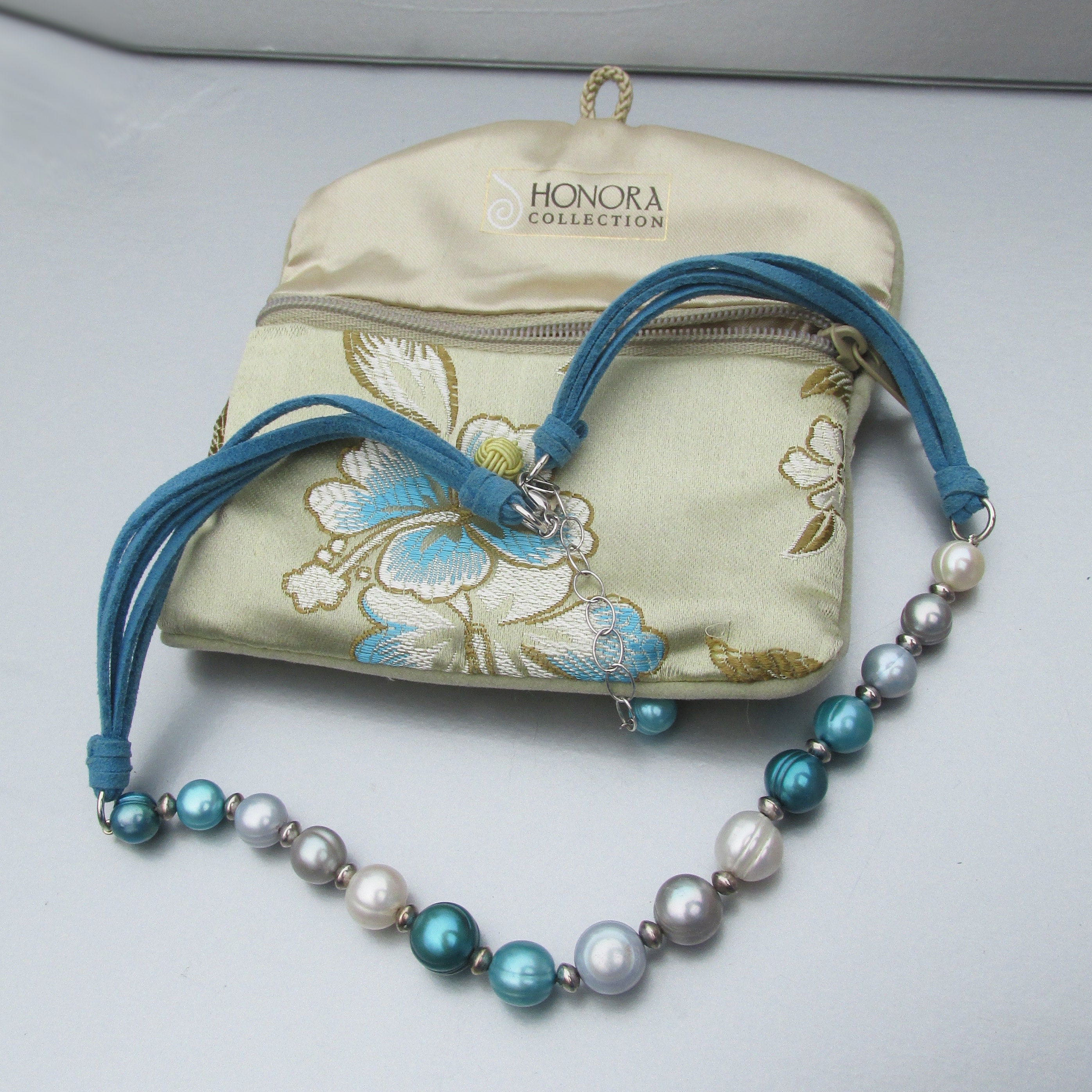 LOVELY HONORA TRIPLE STRAND TEAL BAROQUE AND OVAL 18/" NECKLACE NEW