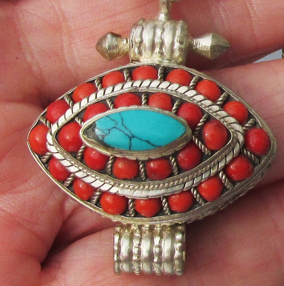 Sterling Silver Coral & Turquoise Vintage Pendant… - image 2