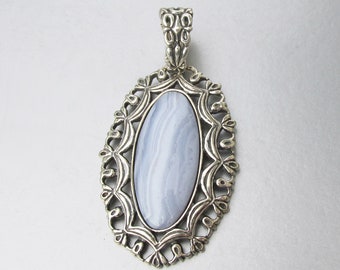 Signed RELIOS Carolyn Pollack Lacy Sterling Silver Blue Lace Agate Pendant Enhancer